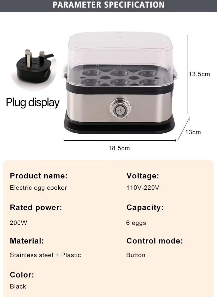 بابونا غلاية بيض - تتسع لـ 6 بيضات، تعمل يدويًا، مزودة بصينية، وكوب قياس، 200 واط، وغطاء - Image 2